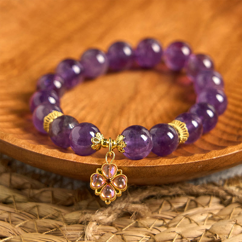 Natural Amethyst Four Leaf Clover Charm Communication Bracelet - Image 5