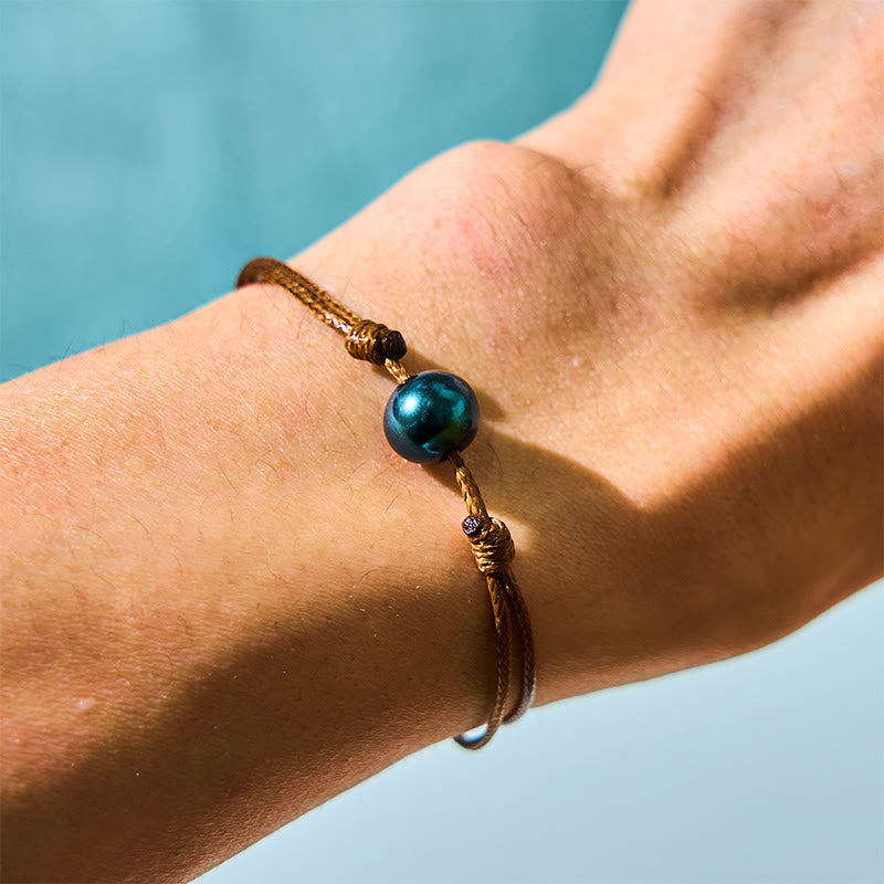 Natural Tahitian Black Pearl Bead Wax Rope Healing Bracelet