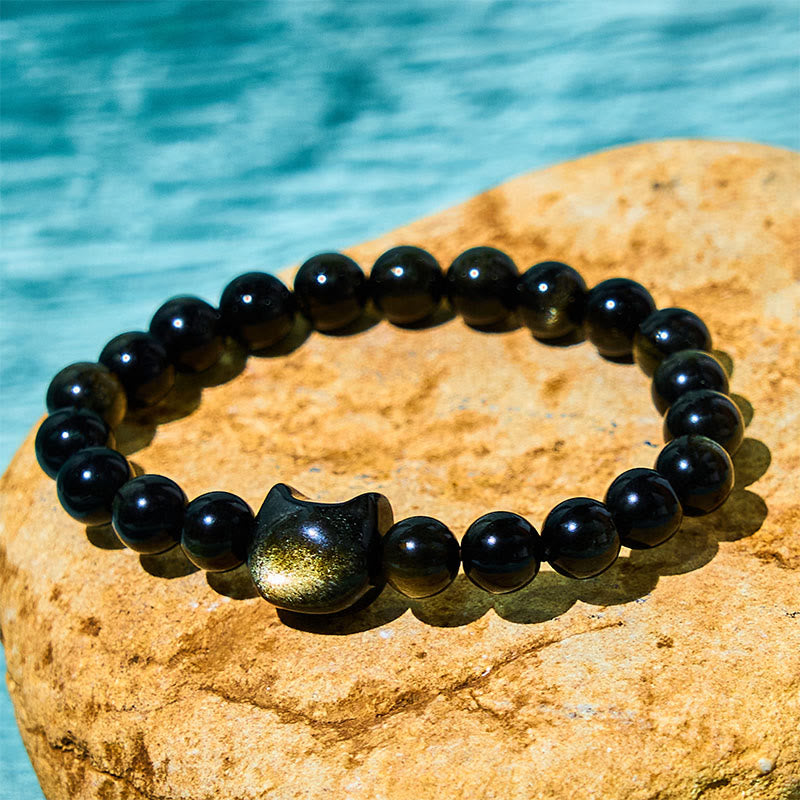 Gold Sheen Obsidian Silver Sheen Obsidian Lovely Paw Lucky Cat Protection Bracelet