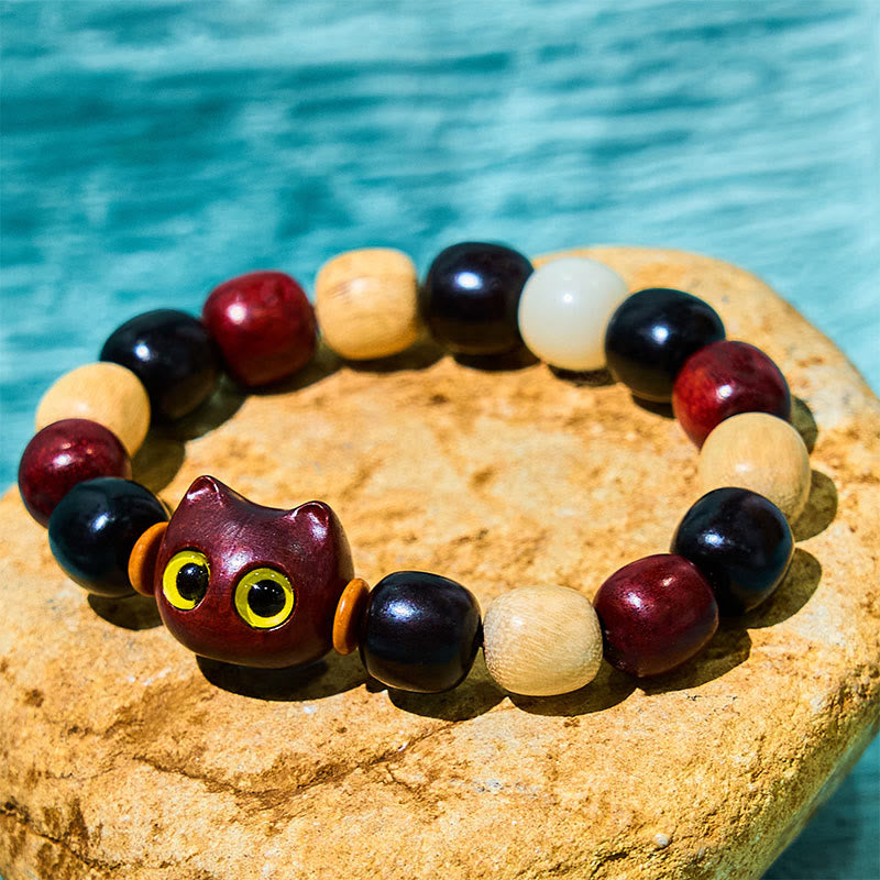 Small Leaf Red Sandalwood Ebony Wood Cute Cat Engraved Protection Bracelet