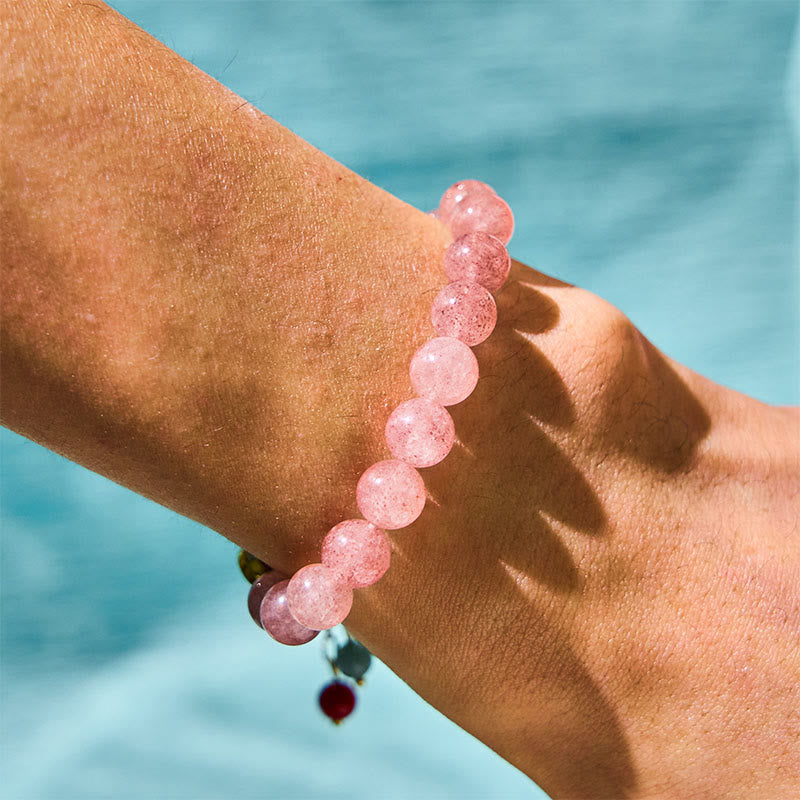 Strawberry Quartz Jade Fu Character Charm Healing Bracelet - Image 3