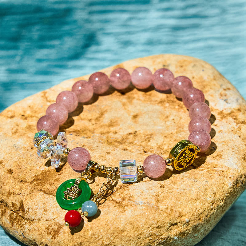 Strawberry Quartz Jade Fu Character Charm Healing Bracelet