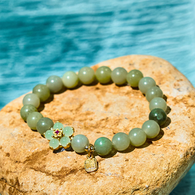 Green Jade Flower Fu Character Charm Luck Bracelet