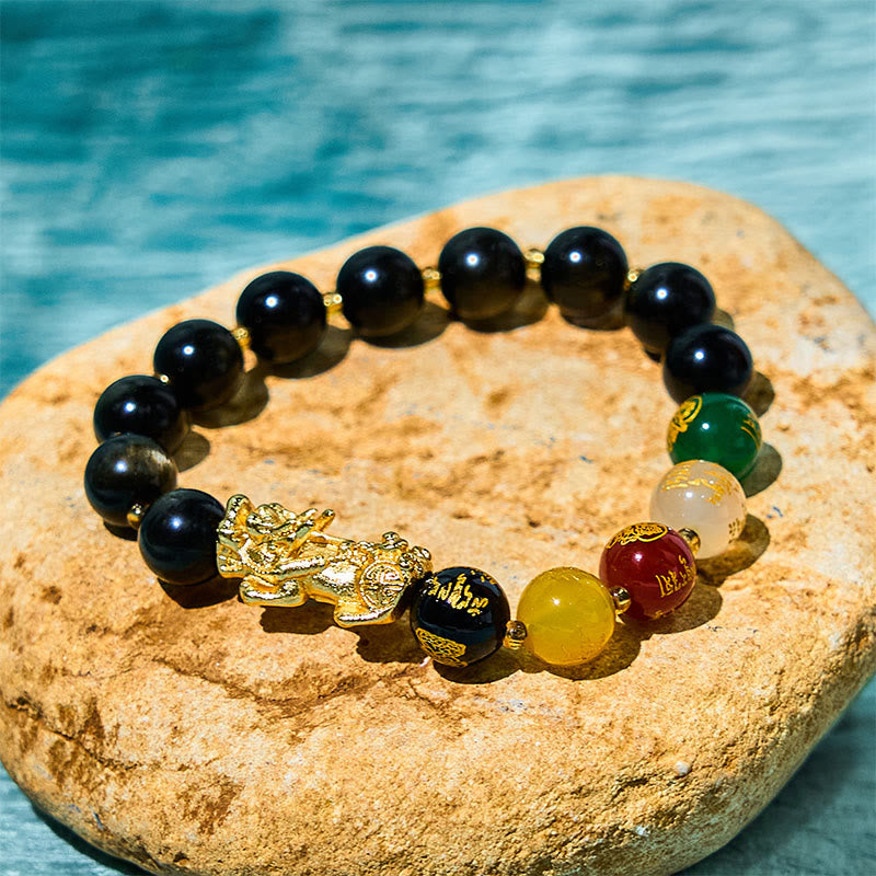 Natural Gold Sheen Obsidian PiXiu Five Directions Gods of Wealth Protection Bracelet