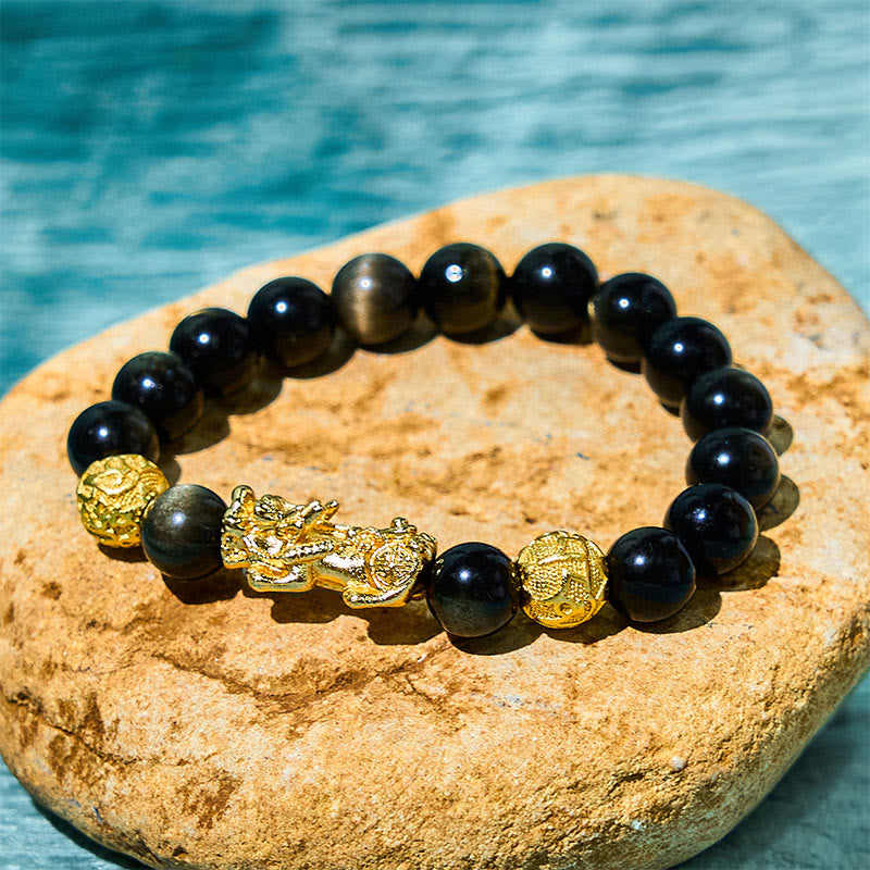 Natural Gold Sheen Obsidian PiXiu Om Mani Padme Hum Wealth Bracelet