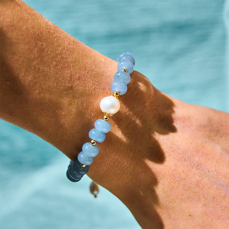Natural Aquamarine Pearl Shell Healing Bead Bracelet - Image 3
