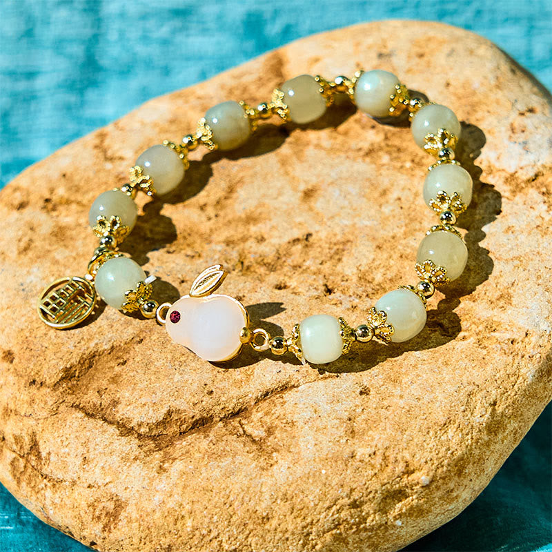 Natural Hetian Jade Fu Character Fu Brand Rabbit Abundance Bracelet