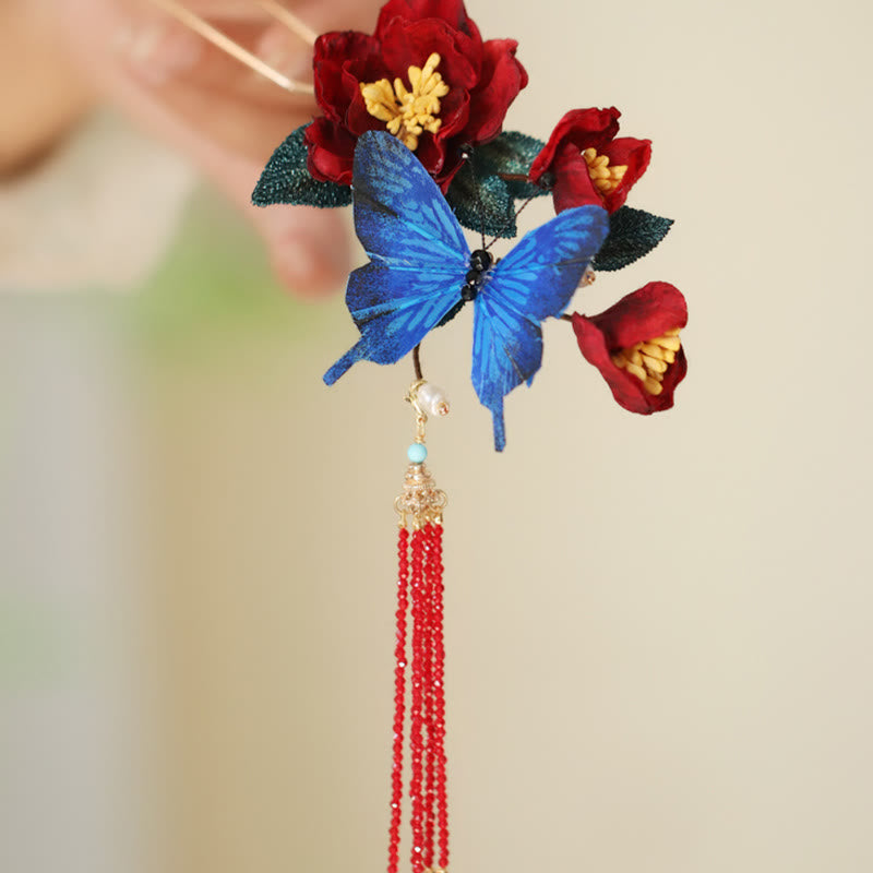 Classical Chinese Style Red Flower Blue Butterfly Hairpin - Image 7