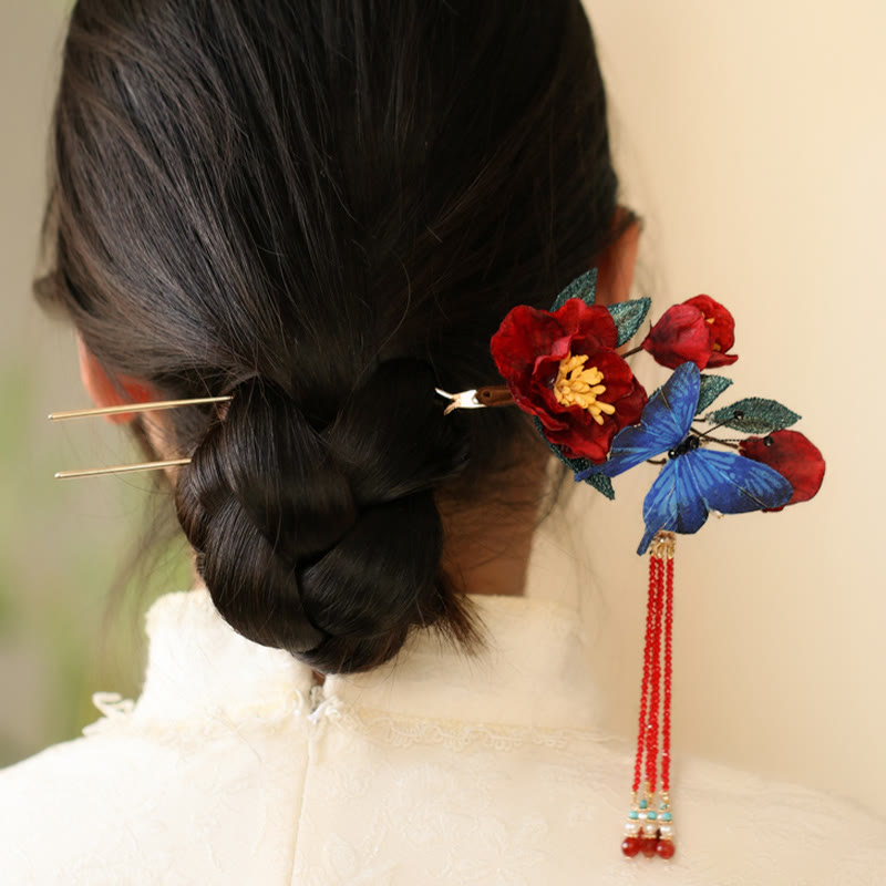 Classical Chinese Style Red Flower Blue Butterfly Hairpin - Image 4