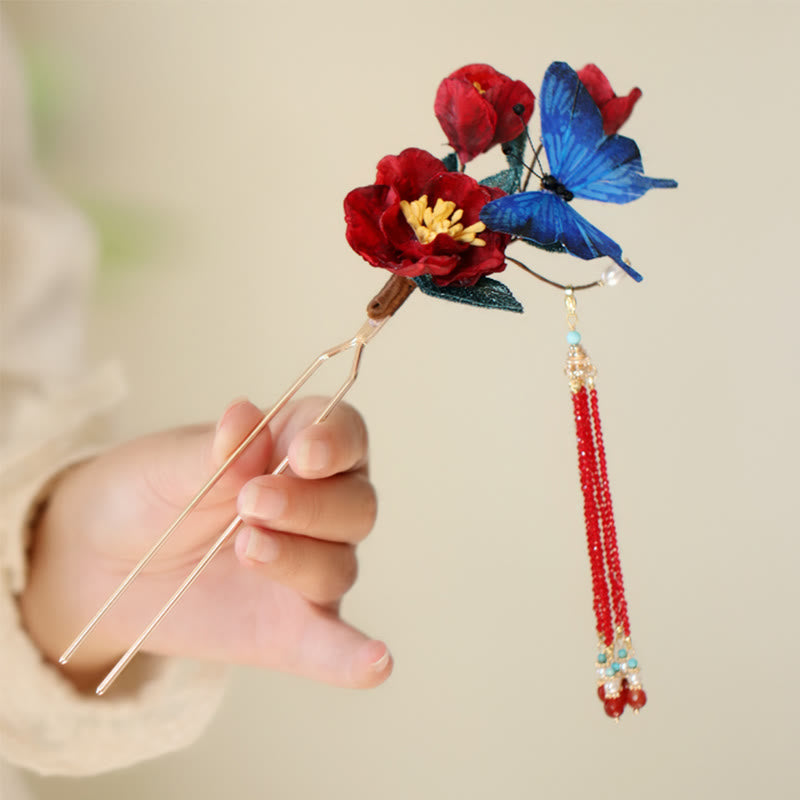 Classical Chinese Style Red Flower Blue Butterfly Hairpin - Image 8