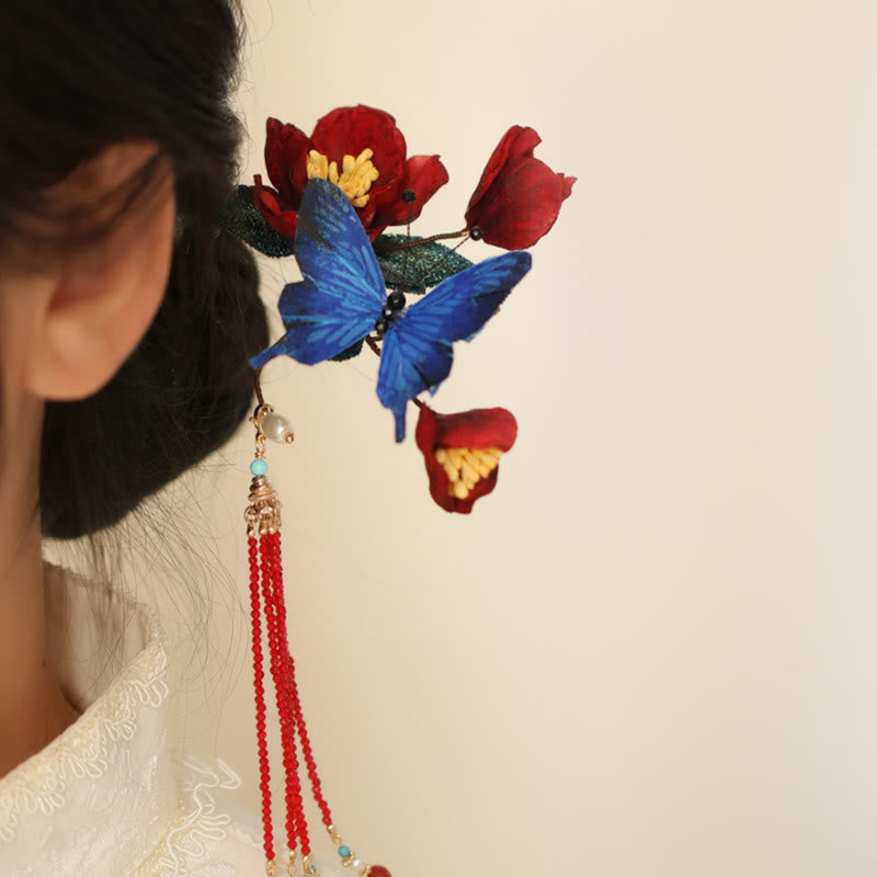 Classical Chinese Style Red Flower Blue Butterfly Hairpin - Image 5
