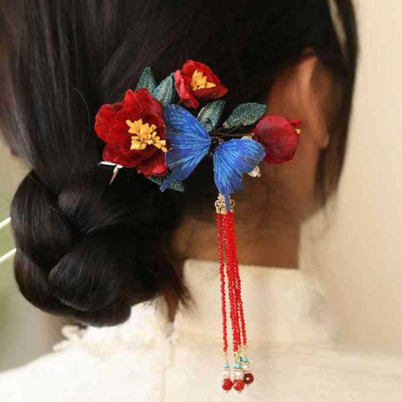 Classical Chinese Style Red Flower Blue Butterfly Hairpin - Image 3
