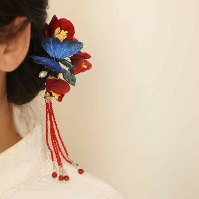 Classical Chinese Style Red Flower Blue Butterfly Hairpin