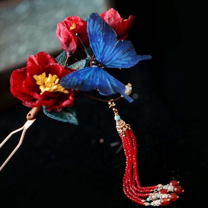 Classical Chinese Style Red Flower Blue Butterfly Hairpin - Image 11