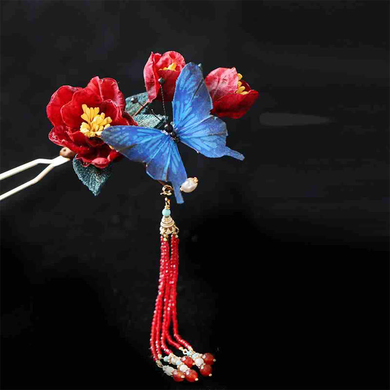 Classical Chinese Style Red Flower Blue Butterfly Hairpin - Image 10