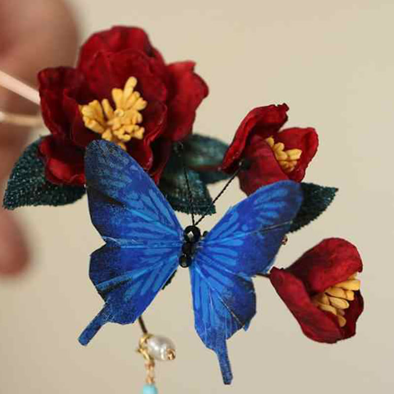 Classical Chinese Style Red Flower Blue Butterfly Hairpin - Image 9