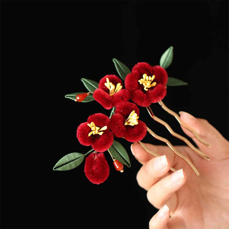 Classical Chinese Style Red Flower Blue Butterfly Hairpin Hair Clip Hair Comb Barrette - Image 10
