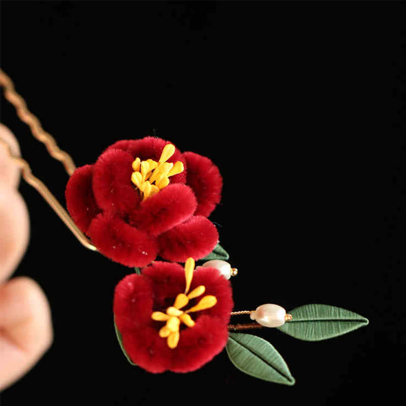 Classical Chinese Style Red Flower Blue Butterfly Hairpin Hair Clip Hair Comb Barrette - Image 18