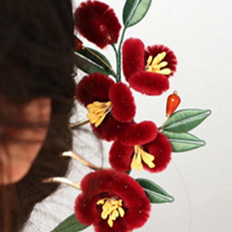 Classical Chinese Style Red Flower Blue Butterfly Hairpin Hair Clip Hair Comb Barrette - Image 11