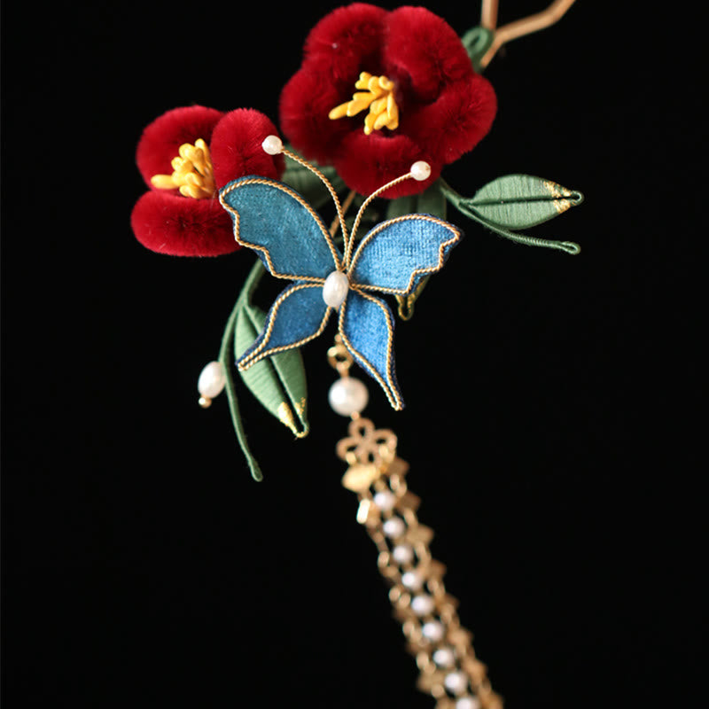 Classical Chinese Style Red Flower Blue Butterfly Hairpin Hair Clip Hair Comb Barrette - Image 6