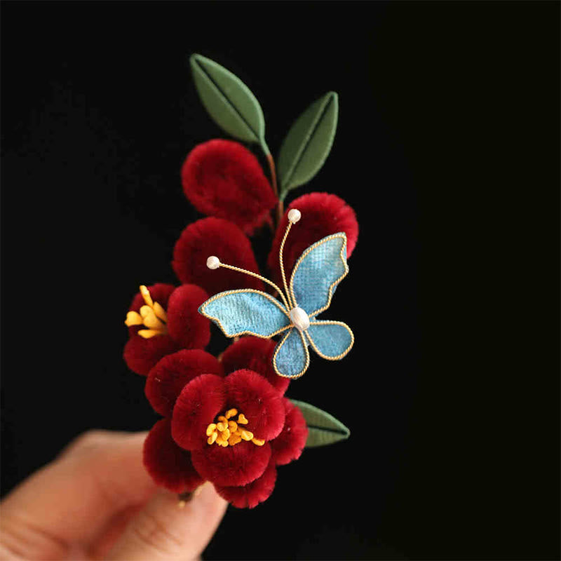 Classical Chinese Style Red Flower Blue Butterfly Hairpin Hair Clip Hair Comb Barrette - Image 15