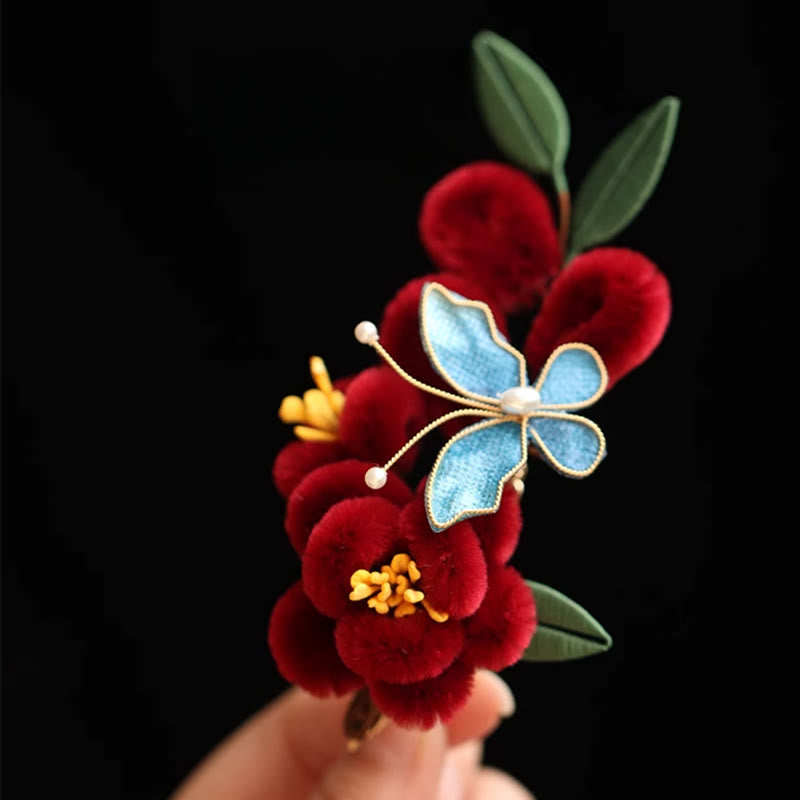 Classical Chinese Style Red Flower Blue Butterfly Hairpin Hair Clip Hair Comb Barrette - Image 16