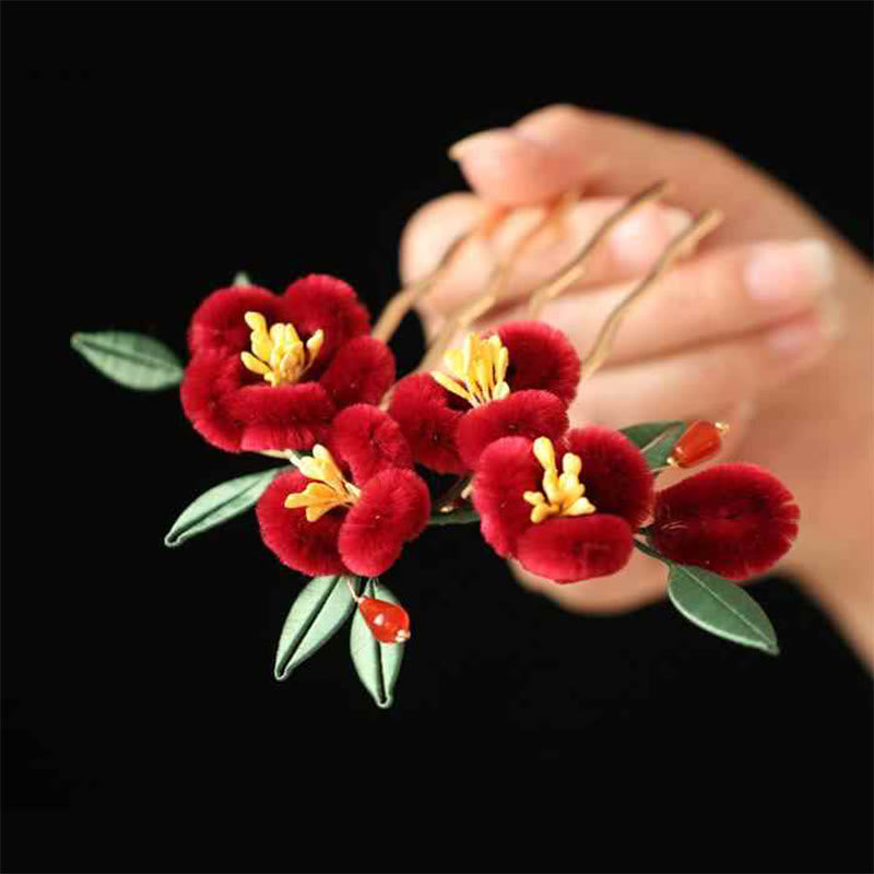 Classical Chinese Style Red Flower Blue Butterfly Hairpin Hair Clip Hair Comb Barrette - Image 13