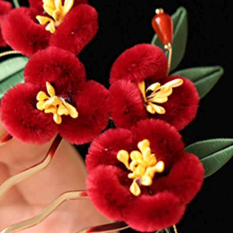 Classical Chinese Style Red Flower Blue Butterfly Hairpin Hair Clip Hair Comb Barrette - Image 12