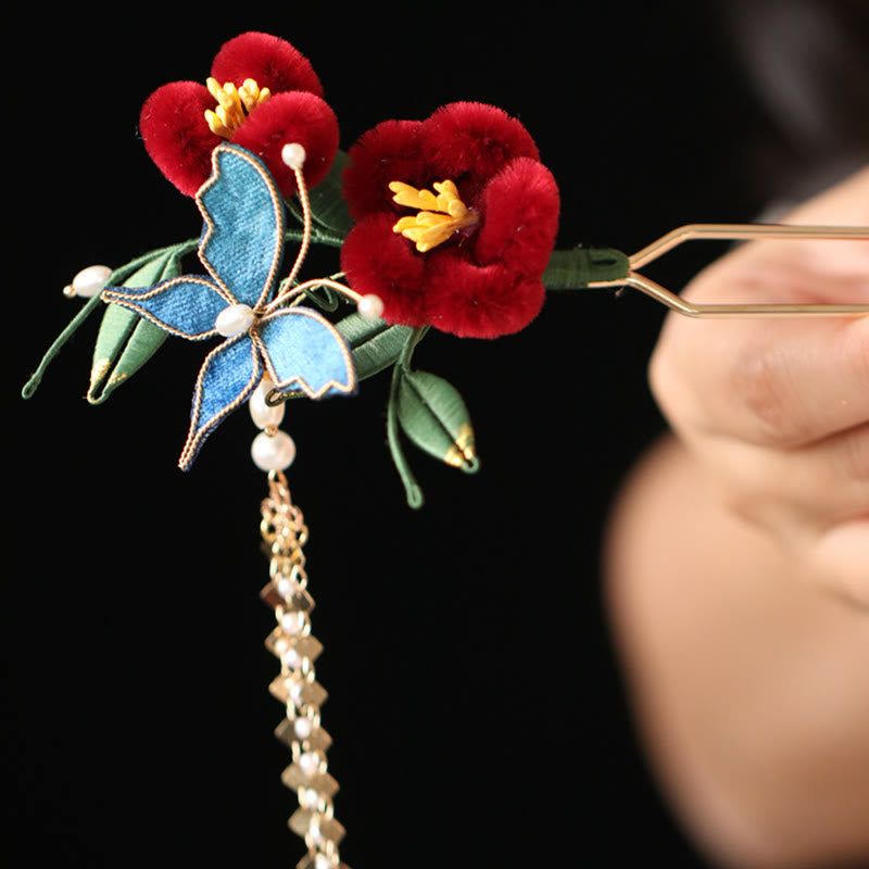 Classical Chinese Style Red Flower Blue Butterfly Hairpin Hair Clip Hair Comb Barrette - Image 5