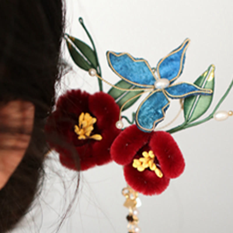 Classical Chinese Style Red Flower Blue Butterfly Hairpin Hair Clip Hair Comb Barrette - Image 3