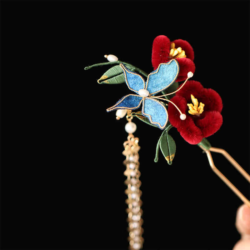 Classical Chinese Style Red Flower Blue Butterfly Hairpin Hair Clip Hair Comb Barrette - Image 4