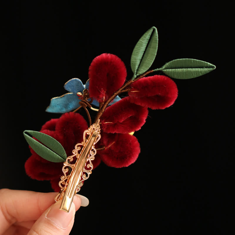 Classical Chinese Style Red Flower Blue Butterfly Hairpin Hair Clip Hair Comb Barrette - Image 17