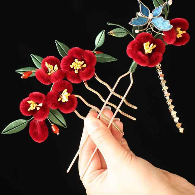 Classical Chinese Style Red Flower Blue Butterfly Hairpin Hair Clip Hair Comb Barrette - Image 14