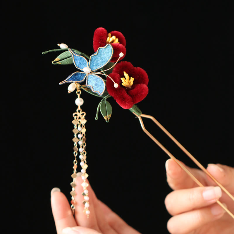 Classical Chinese Style Red Flower Blue Butterfly Hairpin Hair Clip Hair Comb Barrette - Image 9