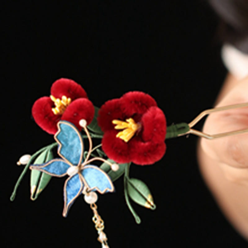 Classical Chinese Style Red Flower Blue Butterfly Hairpin Hair Clip Hair Comb Barrette - Image 8