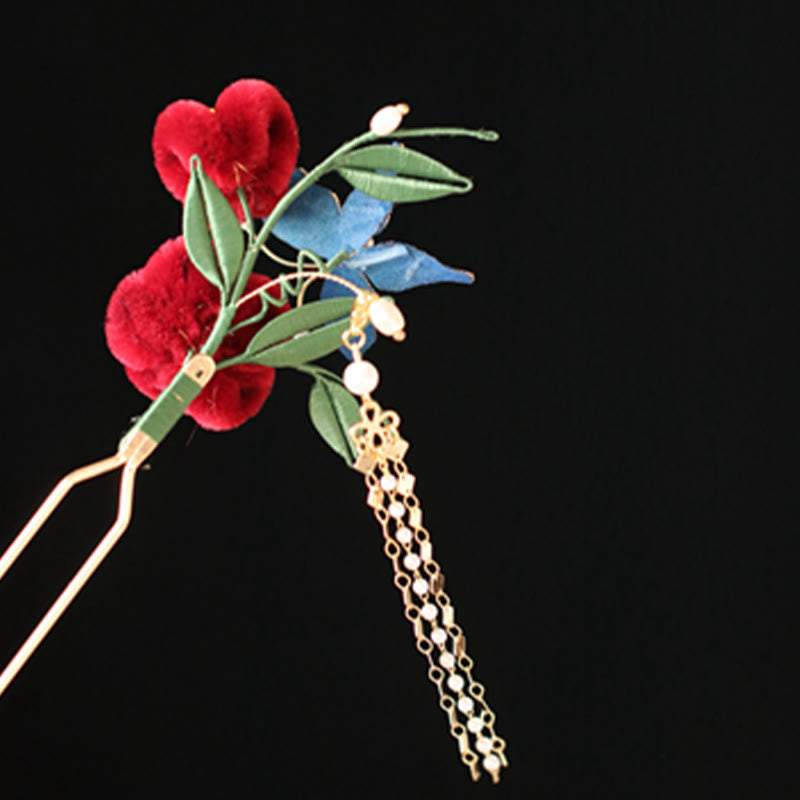 Classical Chinese Style Red Flower Blue Butterfly Hairpin Hair Clip Hair Comb Barrette - Image 7