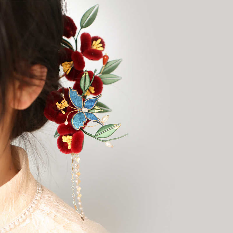 Classical Chinese Style Red Flower Blue Butterfly Hairpin Hair Clip Hair Comb Barrette