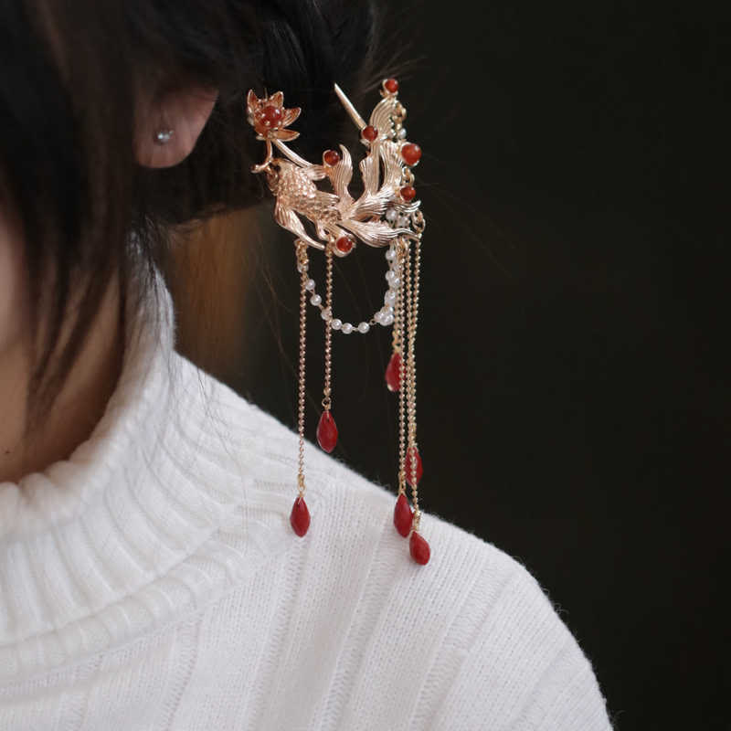 Chinese Style Koi Fish Flower Tassel Red Agate Copper Gold Plated Hairpin Hair Comb - Image 5