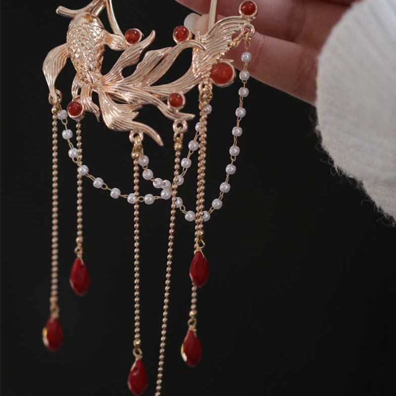 Chinese Style Koi Fish Flower Tassel Red Agate Copper Gold Plated Hairpin Hair Comb - Image 4