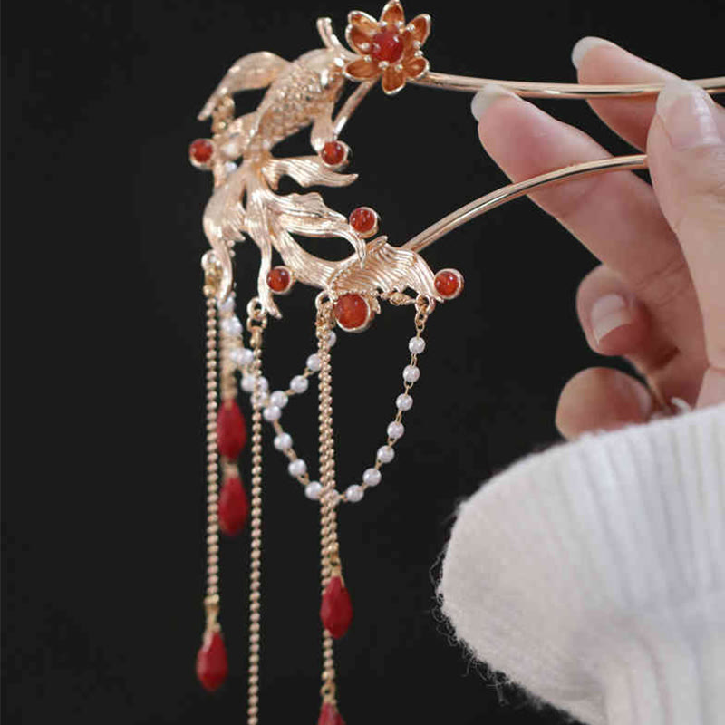 Chinese Style Koi Fish Flower Tassel Red Agate Copper Gold Plated Hairpin Hair Comb - Image 3