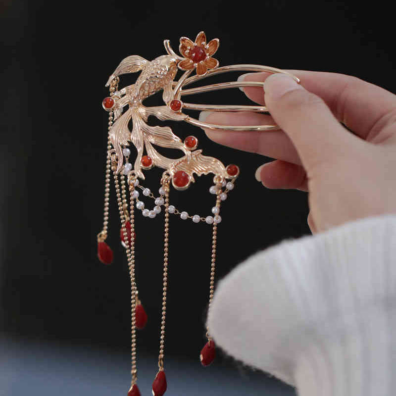 Chinese Style Koi Fish Flower Tassel Red Agate Copper Gold Plated Hairpin Hair Comb - Image 6