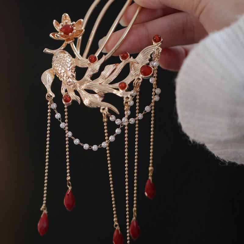 Chinese Style Koi Fish Flower Tassel Red Agate Copper Gold Plated Hairpin Hair Comb - Image 7