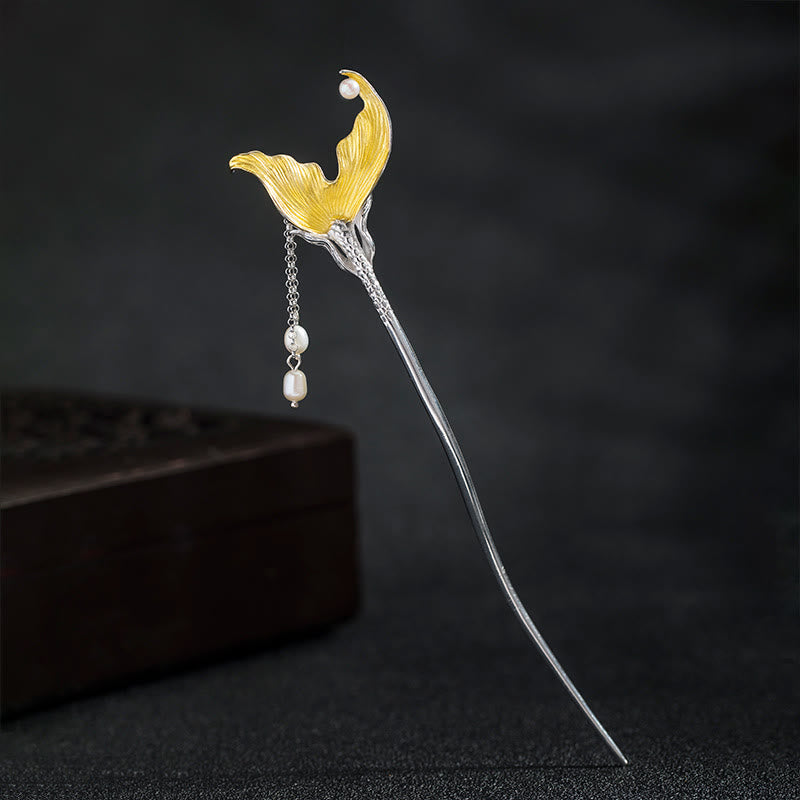 925 Sterling Silver Classical Chinese Style Fish Tail Pearl Tassel Calm Hairpin
