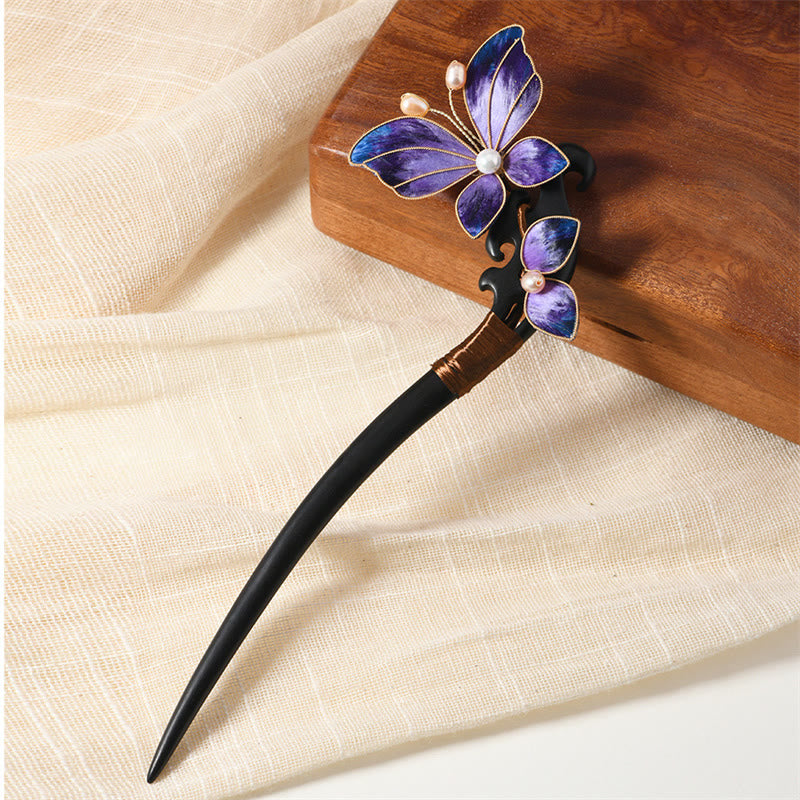 Intangible Cultural Heritage Craft Ebony Wood Silk Flower Butterfly Pearl Blessing Hairpin