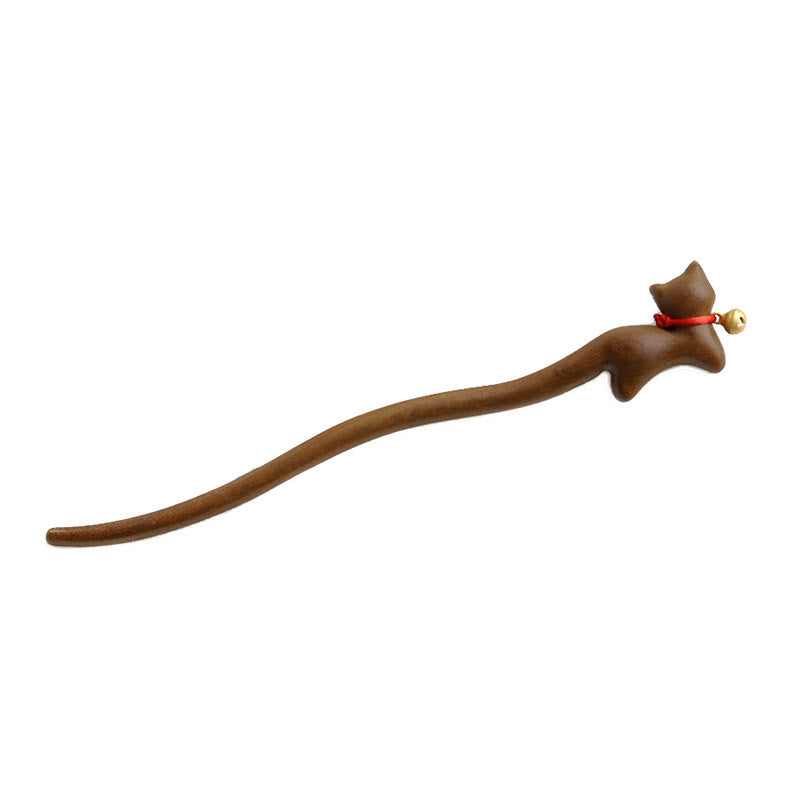Classical Chinese Style Cat-shaped Sandalwood Hairpin - Image 5