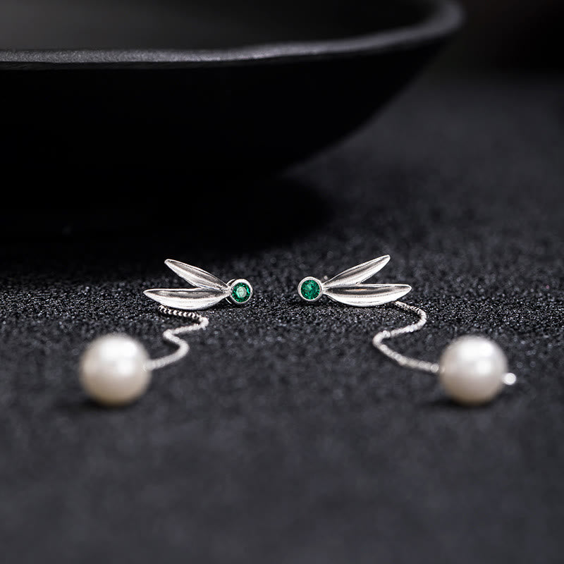 925 Sterling Silver Zircon Pearl Bamboo Leaves Protection Drop Earrings - Image 7