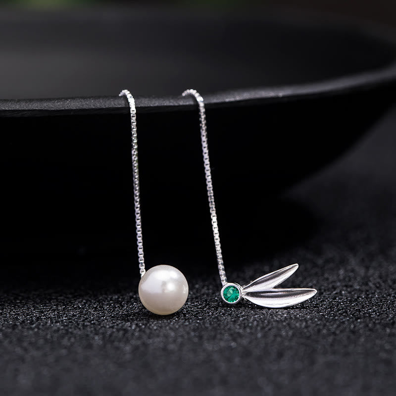 925 Sterling Silver Zircon Pearl Bamboo Leaves Protection Drop Earrings - Image 6