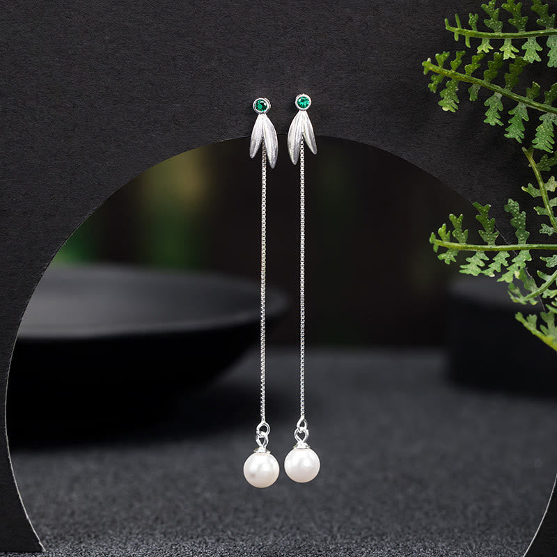 925 Sterling Silver Zircon Pearl Bamboo Leaves Protection Drop Earrings