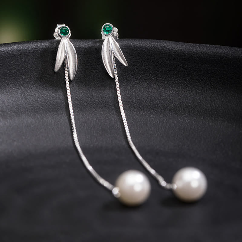 925 Sterling Silver Zircon Pearl Bamboo Leaves Protection Drop Earrings - Image 3