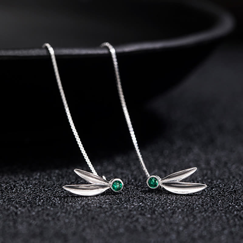 925 Sterling Silver Zircon Pearl Bamboo Leaves Protection Drop Earrings - Image 5